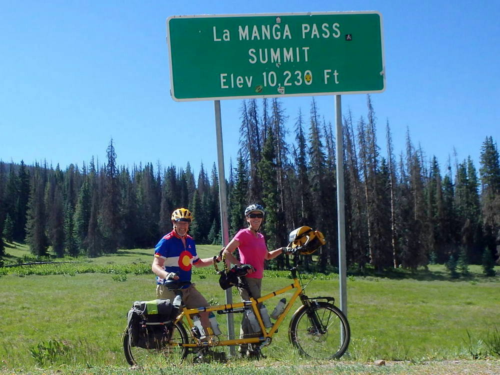 GDMBR: Dennis and Terry Struck at the summit of La Mangas Pass (10230'/3118m), Colorado, on the Great Divide Mountain Bike Route (Tandem Bike Tour, 17 July 2016).